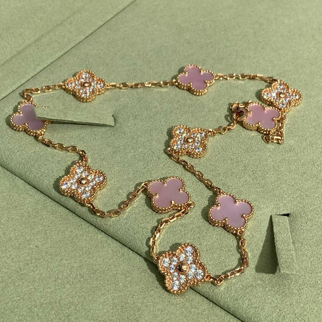 [Kismet Jewels ]CLOVER 10 MOTIFS DIAMOND PINK MOP NECKLACE