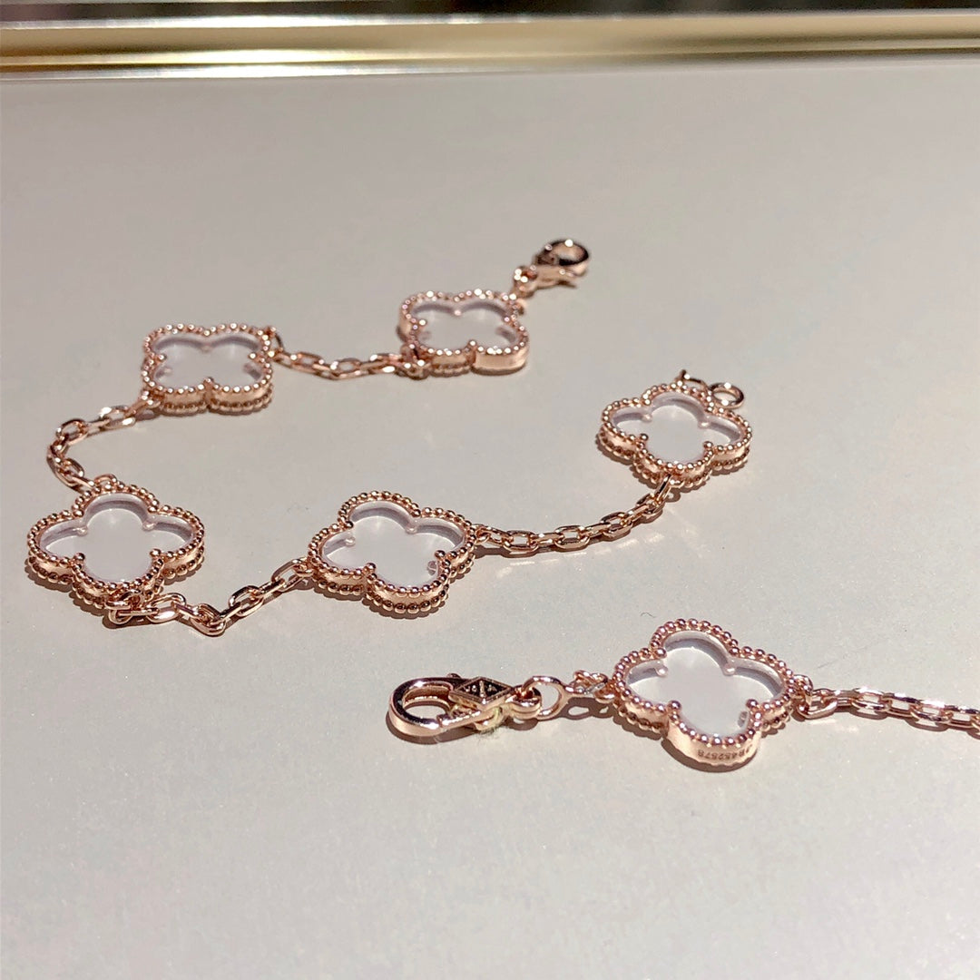 [Kismet Jewels ]CLOVER 5 MOTIF ROCK CRYSTAL PINK GOLD BRACELET