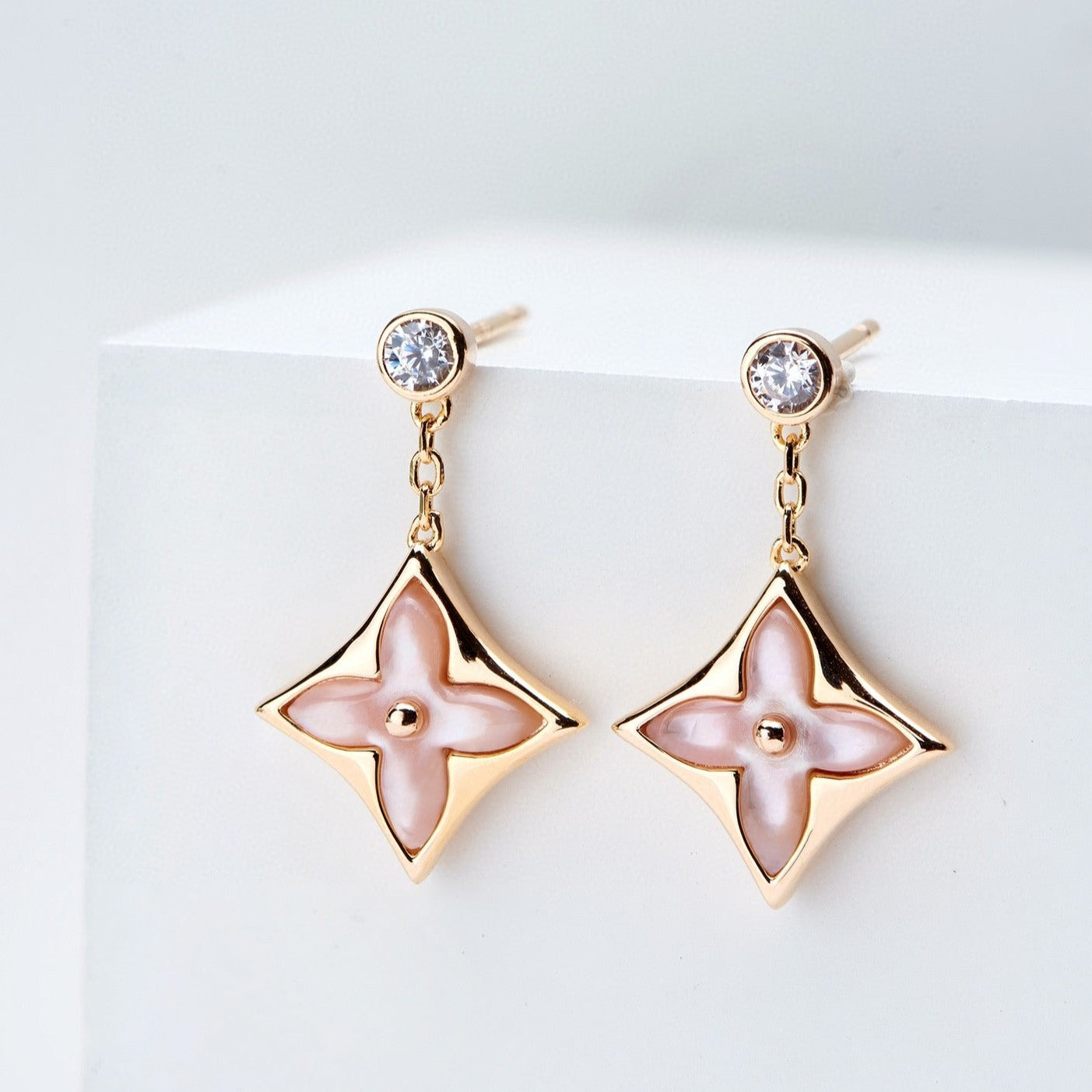 [Kismet Jewels ]DOUBLE STAR PINK GOLD MOP DROP EARRINGS