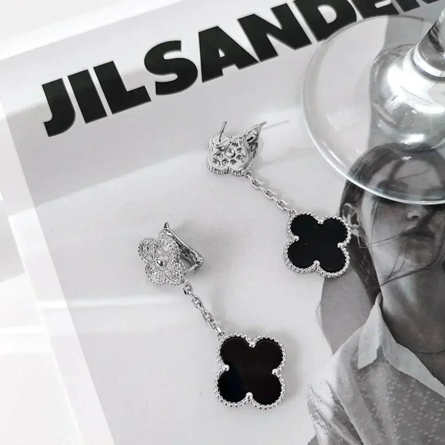 [Kismet Jewels ]CLOVER 2 MOTIFS  DIAMOND ONYX EARRINGS SILVER