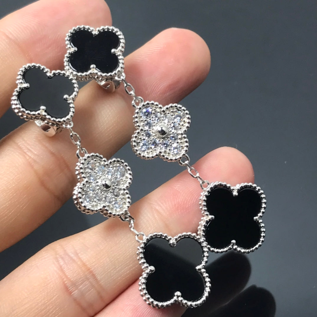 [Kismet Jewels ]CLOVER 3 MOTIF DIAMOND ONYX SILVER EARRINGS