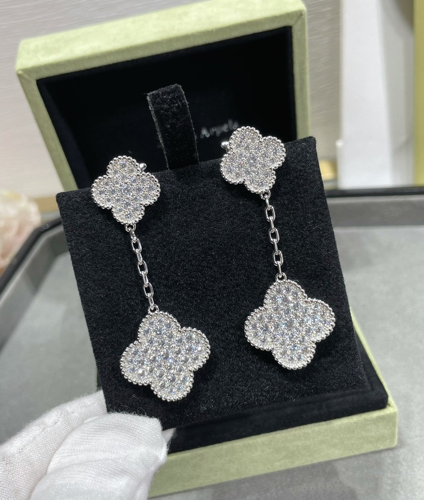 [Kismet Jewels ]CLOVER 2 MOTIFS DIAMOND PAVED SILVER EARRINGS