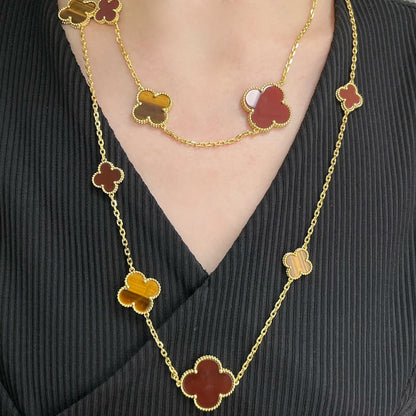 [Kismet Jewels ]CLOVER 16 MOTIF CARNELIAN TIGER EYE ROSE GOLD NECKLACE