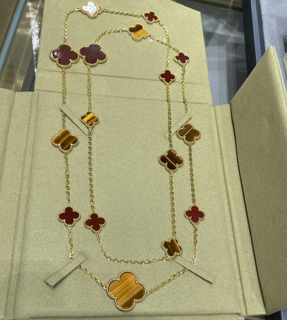 [Kismet Jewels ]CLOVER 16 MOTIF CARNELIAN TIGER EYE ROSE GOLD NECKLACE