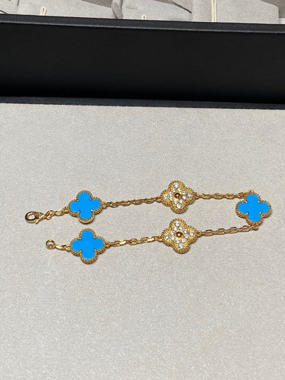 [Kismet Jewels ]CLOVER 5 MOTIF BLUE CHALCEDONY DIAMOND GOLD BRACELET