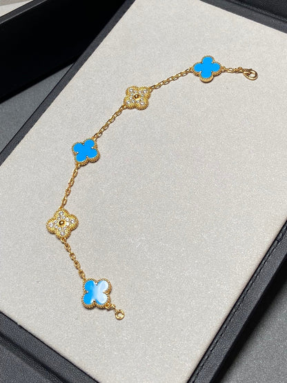 [Kismet Jewels ]CLOVER 5 MOTIF BLUE CHALCEDONY DIAMOND GOLD BRACELET