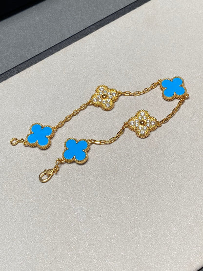 [Kismet Jewels ]CLOVER 5 MOTIF BLUE CHALCEDONY DIAMOND GOLD BRACELET