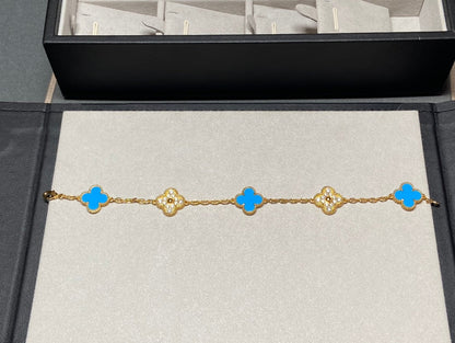 [Kismet Jewels ]CLOVER 5 MOTIF BLUE CHALCEDONY DIAMOND GOLD BRACELET
